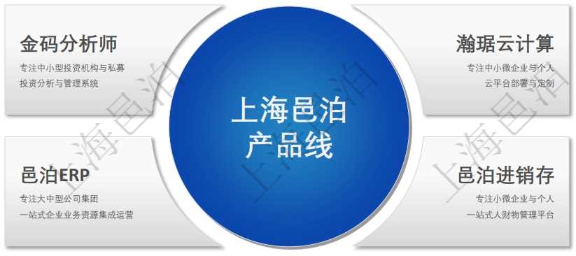 上海邑泊經過多年演化已經形成了多條產品線，其中最有代表性的有4條：金碼分析師、瀚琚云計算、邑泊ERP、邑泊進銷存。邑泊進銷存充分汲取了金碼分析師、瀚琚云計算和邑泊ERP三個產品線發展的經驗并進一步衍生出很多新的技術與業務，并反哺了邑泊ERP、瀚琚云計算和金碼分析師產品線。