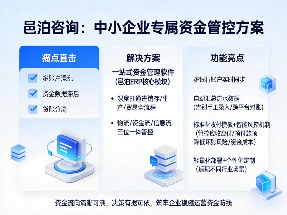 深耕企業服務的邑泊，資金管理系統搭建智能風控體系，對異常資金操作實時預警，筑牢企業資金安全防線。