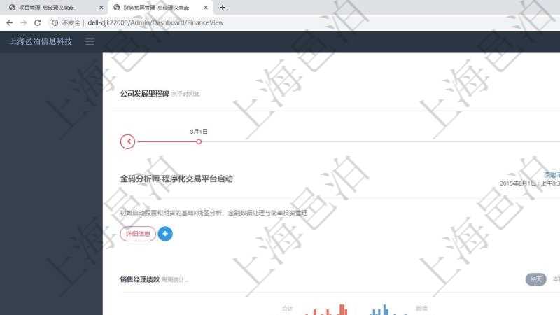 項目管理軟件財務核算管理總經理儀表盤可以查看公司發展里程碑、公司事件時間線、銷售經理業績統計、客戶支持情況、訂單統計及機房運營統計。