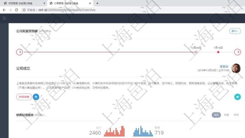 項目管理軟件訂單管理總經理儀表盤可以查看公司發展里程碑與公司關鍵事件時間線。銷售經理統計表列出了不同銷售經理訂單銷售的業績。客戶支持明細列出了客服代表客戶服務的明細信息。訂單統計與機房運營統計分別對系統業務運營情況和技術運營情況進行了整體統計。