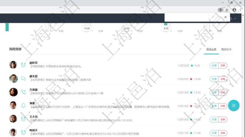 項目管理軟件現貨管理總經理儀表盤種類比率餅圖顯示不同品種合同金額分布。客戶合同餅圖顯示不同合同金額分布。業務處理可以進行現貨業務及期貨對沖。風險預警包括現貨業務與期貨對沖。