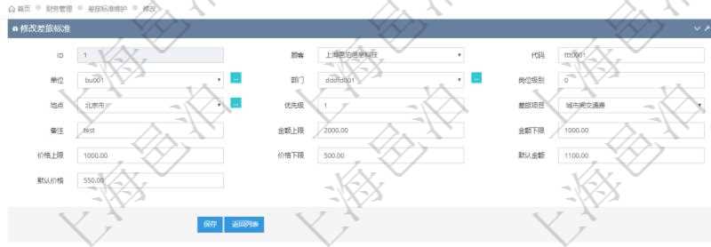 通過項目管理軟件財務管理系統，可以修改差旅標準信息字段數據：差旅標準代碼、單位、部門、崗位級別、地點、優先級、差旅項目、備注、金額上限、金額下限、價格上限、價格下限、默認金額、默認價格。