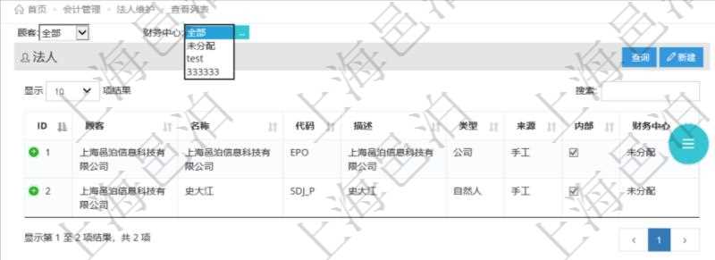 法人維護是項目管理軟件會計管理的一個功能。通過法人維護可以查詢到法人詳細信息，比如：法人名稱、代碼、描述、類型、來源、是否集團內部法人、法人財務中心等信息。