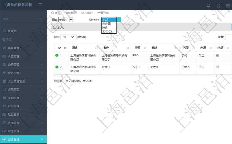 法人維護是項目管理軟件會計管理的一個功能。通過法人維護可以查詢到法人詳細信息，比如：法人名稱、代碼、描述、類型、來源、是否集團內部法人、法人財務中心等信息。