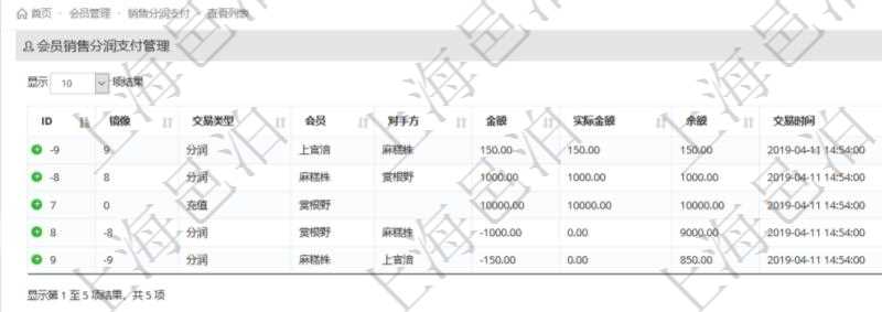會員或銷售通過項目管理軟件會員管理系統錄入會員充值流水后，系統會根據分潤配置自動生成多級會員分潤流水。分潤支付與分潤收到都會生成金額相同、方向相反的分潤流水。