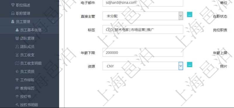 項目管理軟件人力資源管理模塊可以維護修改員工基本信息資料，比如：姓名、代碼、描述、財務人、登錄賬戶、工號、性別、生日、入職日期、學歷、崗位、職稱、電話、傳真、電子郵件、單位、部門、直接主管、在職狀態、負責領域、標簽、崗位職責、自我介紹、年薪下限、年薪上限、年成本、資源、照片等。