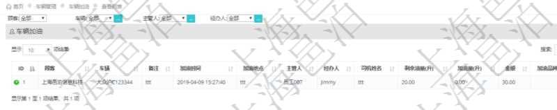 在項目管理軟件車輛管理系統中查詢車輛加油列表返回車輛、備注、加油時間、主管人、經辦人、司機姓名、剩余油量、加油量、金額、加油品種、油價。