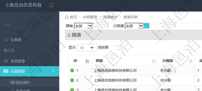 項目管理軟件的內容管理集成了網站內容發布模塊，可通過頻道維護內容網站頁面的不同板塊。頻道維護列表查詢返回信息包括：父子頻道關系、序號、是否顯示還是隱藏、頻道名稱、首頁顯示內容個數、首頁排序序號等。