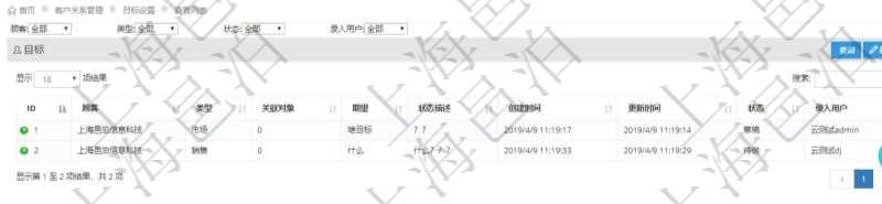查詢項目管理軟件CRM客戶關系管理模塊目標設置列表返回的字段信息有:目標類型、關聯對象、期望目標、狀態描述、創建時間、更新時間、目標狀態、錄入用戶。