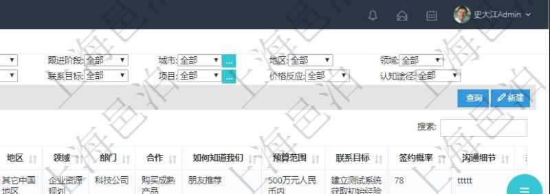在項目管理軟件CRM客戶關系管理系統中查詢返回的客戶拜訪列表字段信息有：潛在客戶、來訪方式、跟進級別、跟進階段、城市、地區、領域、部門、合作方式、如何知道我們、預算范圍、聯系目標、簽約概率、溝通細節等。
