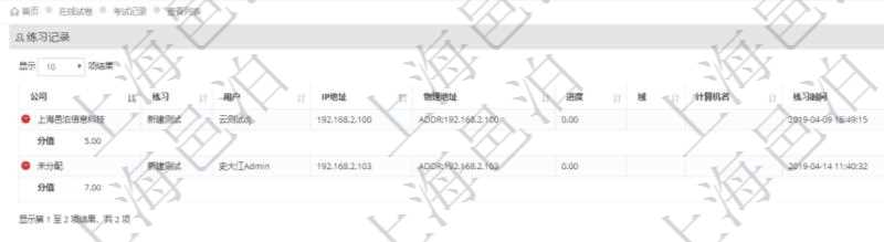 在項目管理軟件在線試卷模塊查詢聯系記錄返回：公司、練習、用戶、IP地址、物理地址、進度、域、計算機名、練習時間、總分、分值等信息。