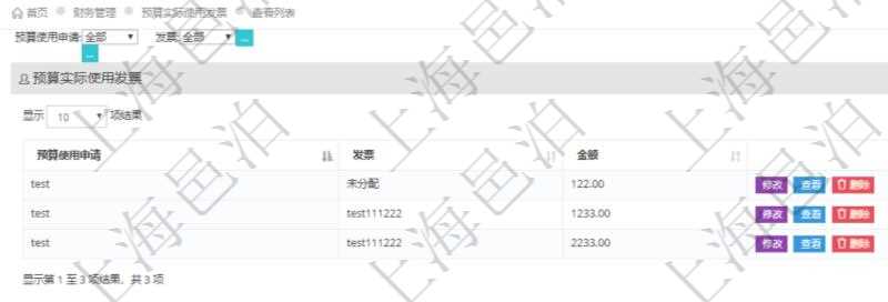 在項目管理軟件財務管理系統中，查詢預算實際使用發票返回預算使用申請信息、發票信息及金額。