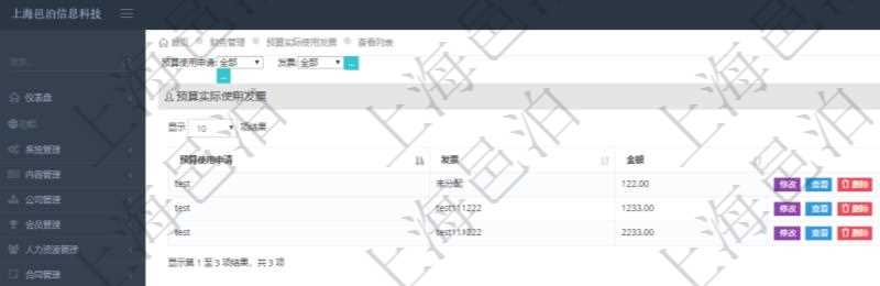 在項目管理軟件財務管理系統中，查詢預算實際使用發票返回預算使用申請信息、發票信息及金額。