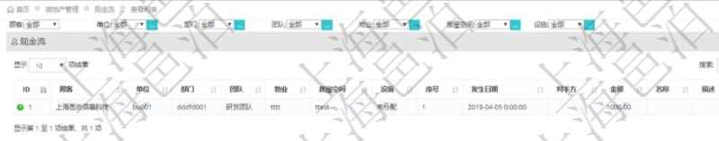 在項目管理軟件房地產管理系統查詢房屋現金流列表字段信息有：單位、部門、團隊、物業、房屋空間、設施、序號、發生日期、對手方、金額、名稱、描述、備注。