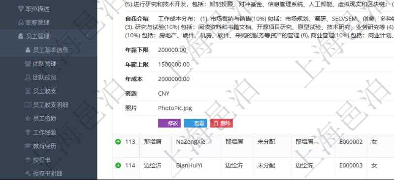 項目管理軟件人力資源管理模塊查詢列表可以查詢返回員工基本信息資料,比如:姓名、代碼、描述、財務人、登錄賬戶、工號、性別、生日、入職日期、學歷、崗位、職稱、電話、傳真、電子郵件、單位、部門、直接主管、在職狀態、負責領域、標簽、崗位職責、自我介紹、年薪下限、年薪上限、年成本、資源、照片等。