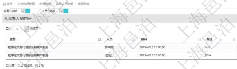 在項目管理軟件人力資源模塊，查詢監督人員時間信息返回監督、人員、執行時間及備注。
