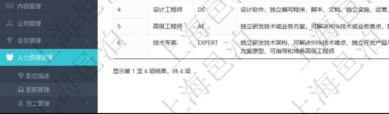 項目管理軟件人力資源管理職稱管理查詢列表可以查詢維護職稱配置信息，比如包括：ID、名稱、代碼、描述與分類等。