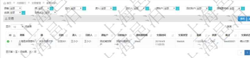 查詢項目管理軟件內部銀行模塊交易管理列表返回的字段信息有：源賬戶、目的賬戶、源人、目的人、源單位、目的單位、源結算明細、交易時間、交易類型、金額、貨幣單位、備注、交易狀態。