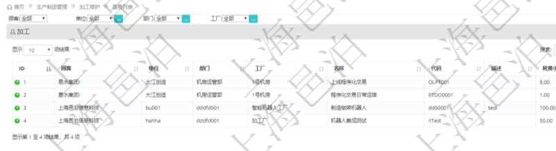 在項目管理軟件MES生產制造管理系統查詢加工返回的列表信息有：單位、部門、工廠、名稱、代碼、描述、耗費小時。