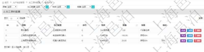 在項目管理軟件MES生產制造管理系統查詢加工原料配置列表時返回：加工配置、序號、物資、數量、容器、描述等。