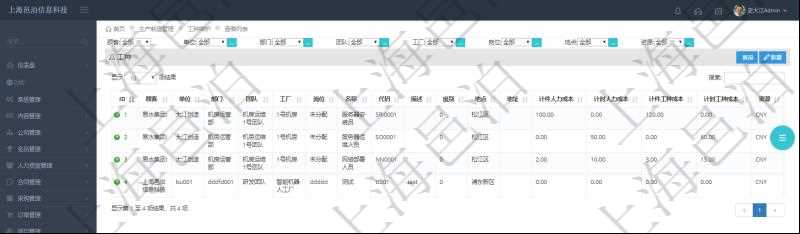 在項目管理軟件MES生產制造管理系統查詢工種配置信息返回:單位、部門、團隊、工廠、崗位、名稱、代碼、描述、級別、地點、地址、計件人力成本、計時人力成本、計件工種成本、資源及貨幣單位。