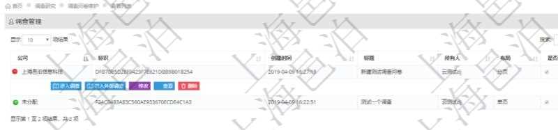在項目管理軟件調查研究管理模塊查詢調查問卷列表返回公司、標識、創建時間、標題、所有人、布局、是否外部調查及公開調查。調查分為內部調查及外部調查，內部調查由系統內部用戶登錄后參與，外部調查不需要登錄，可以匿名參與。