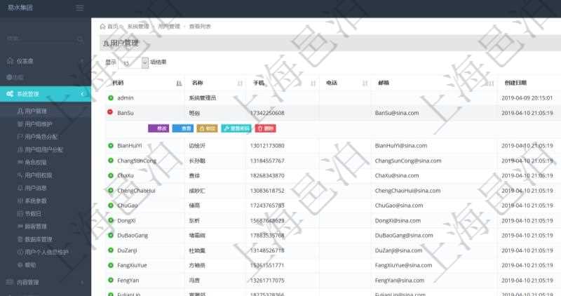用戶管理查詢可以查到項目管理軟件中的用戶信息列表,包括:用戶登錄代碼、名稱、手機、電話、郵箱、創建日期、激活狀態等。可以對用戶進行修改、查看、鎖定、解鎖、重置密碼和刪除等操作。