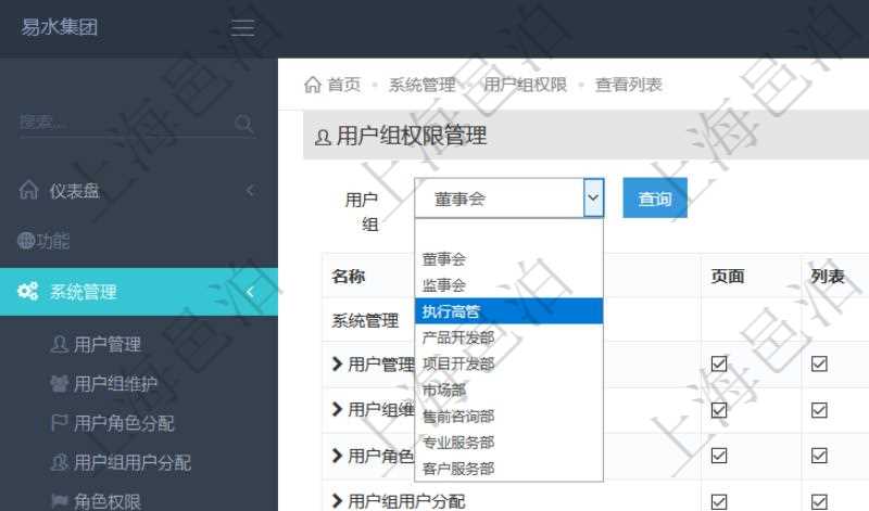可通過勾選設置用戶組中用戶訪問系統功能模塊的權限，比如每個頁面的功能使用、列表查詢、明細查看、新建、更新、刪除等操作權限，也可以針對每個功能特定的操作和業務流程設置權限，比如：用戶管理的導入用戶與導出表格功能。