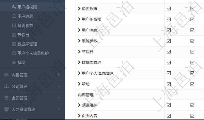 可通過勾選設置用戶組中用戶訪問系統功能模塊的權限，比如每個頁面的功能使用、列表查詢、明細查看、新建、更新、刪除等操作權限，也可以針對每個功能特定的操作和業務流程設置權限，比如：用戶管理的導入用戶與導出表格功能。