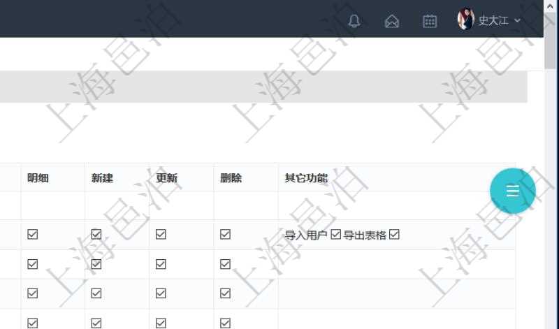 可通過勾選設置用戶組中用戶訪問系統功能模塊的權限，比如每個頁面的功能使用、列表查詢、明細查看、新建、更新、刪除等操作權限，也可以針對每個功能特定的操作和業務流程設置權限，比如：用戶管理的導入用戶與導出表格功能。