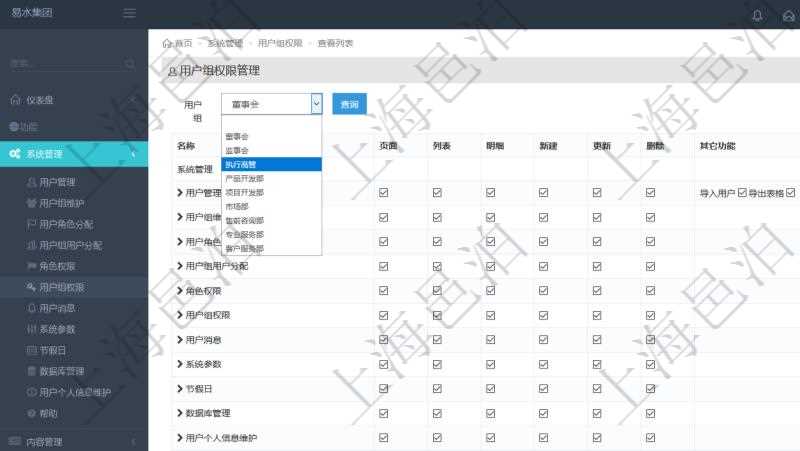 可通過勾選設置用戶組中用戶訪問系統功能模塊的權限,比如每個頁面的功能使用、列表查詢、明細查看、新建、更新、刪除等操作權限,也可以針對每個功能特定的操作和業務流程設置權限,比如:用戶管理的導入用戶與導出表格功能。
