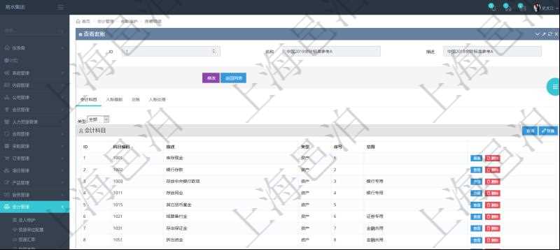 項目管理軟件會計管理模塊套賬明細查詢還可以關聯查詢更多相關資料，比如會計科目配置：科目編碼、科目描述、科目類型、序號及適用范圍。