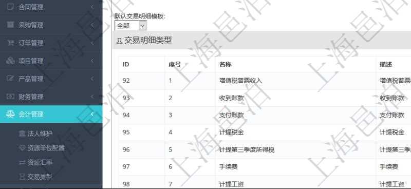 項目管理軟件會計管理模塊交易明細類型查詢還可以關聯查詢更多相關資料，比如子交易明細類型：序號、子交易明細類型名稱、描述、默認交易明細模板。
