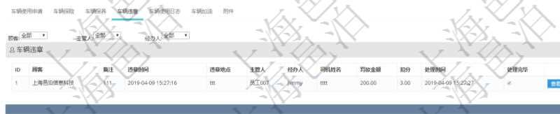 在項目管理軟件車輛管理系統查詢車輛信息還會返回關聯的車輛違章信息：備注、違章時間、違章地點、主管人、經辦人、司機姓名、罰款金額、扣分、處理時間、是否處理完畢。