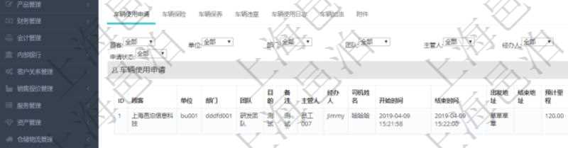 在項目管理軟件車輛管理系統查詢車輛信息還會返回關聯的車輛使用申請記錄：單位、部門、團隊、目的、備注、主管人、經辦人、司機姓名、開始時間、結束時間、出發地址、結束地址、預計里程、申請人、批準人、申請時間、批準時間、申請狀態。