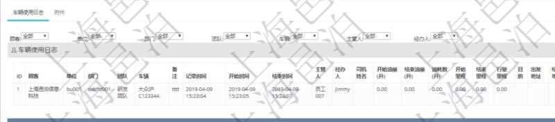 在項目管理軟件車輛管理系統查詢車輛使用申請明細信息還會返回關聯的車輛使用日志列表：單位、部門、團隊、車輛、備注、記錄時間、開始時間、結束時間、主管人、經辦人、司機姓名、開始油量、結束油量、油耗數、開始里程、結束里程、行駛里程、目的、出發地址、結束地址。
