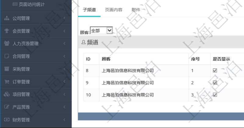 項目管理軟件的內容管理集成了網站內容發布模塊，可通過頻道維護內容網站頁面的不同板塊。查詢頻道明細信息的時候，可以附帶查詢和管理子頻道信息。可以查看和維護子頻道信息：序號、是否顯示還是隱藏、頻道名稱、首頁顯示內容個數、首頁排序序號、首頁背景色等。