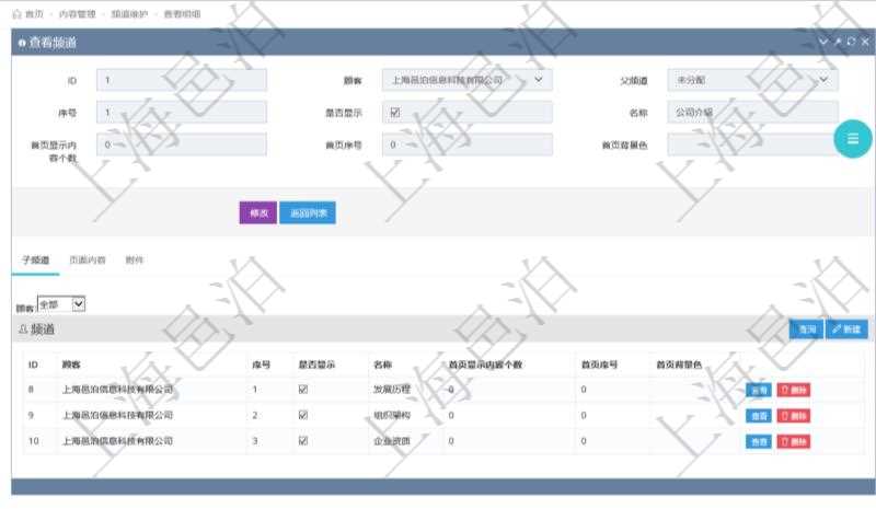 項目管理軟件的內容管理集成了網站內容發布模塊，可通過頻道維護內容網站頁面的不同板塊。查詢頻道明細信息的時候，可以附帶查詢和管理子頻道信息。可以查看和維護子頻道信息：序號、是否顯示還是隱藏、頻道名稱、首頁顯示內容個數、首頁排序序號、首頁背景色等。