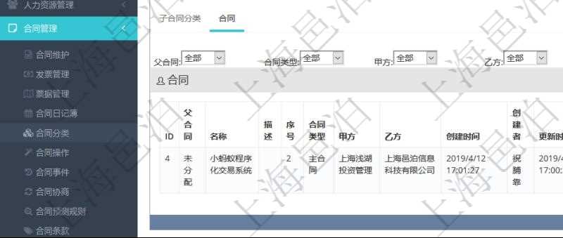 項目管理軟件合同管理模塊合同分類明細查詢還可以關聯查詢更多相關資料，比如該合同類型的所有合同：父合同、名稱、描述、序號、合同類型、甲方、乙方、創建者、更新時間、所有者、關聯任務、關聯項目、發起時間、簽約時間、生效時間、預計完成時間、實際完成時間、完成進度等。