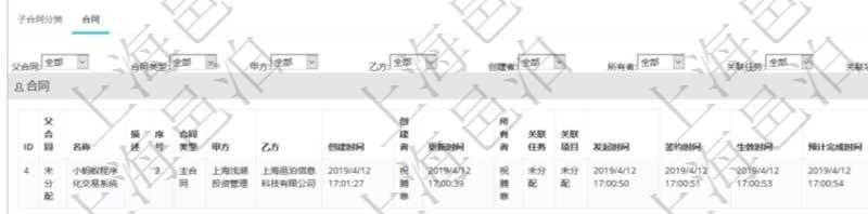 項目管理軟件合同管理模塊合同分類明細查詢還可以關聯查詢更多相關資料，比如該合同類型的所有合同：父合同、名稱、描述、序號、合同類型、甲方、乙方、創建者、更新時間、所有者、關聯任務、關聯項目、發起時間、簽約時間、生效時間、預計完成時間、實際完成時間、完成進度等。
