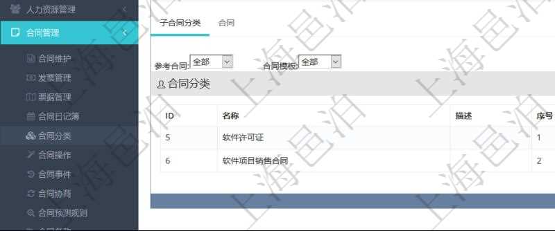 項目管理軟件合同管理模塊合同分類明細查詢還可以關聯查詢更多相關資料，比如子合同分類：子合同分類名稱、描述、序號、參考合同、合同模板等。