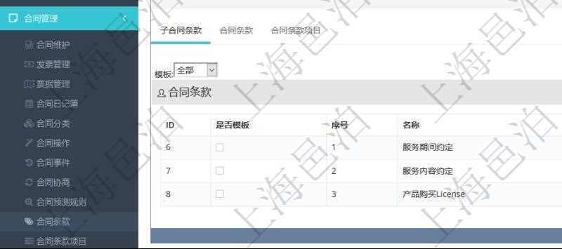 項目管理軟件合同管理模塊合同條款明細查詢還可以關聯查詢更多相關資料，比如該合同條款的所子合同條款：是否模板、序號、子合同條款名稱、子合同條款標題、子合同條款內容、子合同條款模板、關鍵字等。