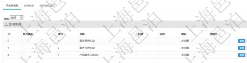 項目管理軟件合同管理模塊合同條款明細查詢還可以關聯查詢更多相關資料，比如該合同條款的所子合同條款：是否模板、序號、子合同條款名稱、子合同條款標題、子合同條款內容、子合同條款模板、關鍵字等。