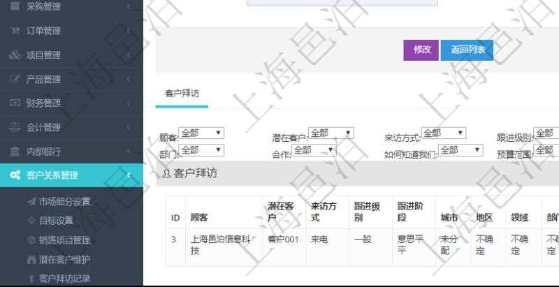在項目管理軟件CRM客戶關系管理系統中,查詢客戶項目時除了返回實際客戶項目信息外,還包括客戶項目的拜訪記錄:潛在客戶、來訪方式、跟進級別、跟進階段、城市、地區、領域、部門、合作方式、如何知道我們、預算范圍、聯系目標、簽約概率、溝通細節、來訪時間、價格反應及認知途徑等。