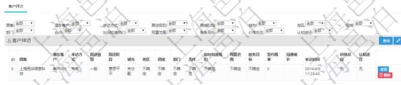 在項目管理軟件CRM客戶關系管理系統中，查詢客戶項目時除了返回實際客戶項目信息外，還包括客戶項目的拜訪記錄：潛在客戶、來訪方式、跟進級別、跟進階段、城市、地區、領域、部門、合作方式、如何知道我們、預算范圍、聯系目標、簽約概率、溝通細節、來訪時間、價格反應及認知途徑等。