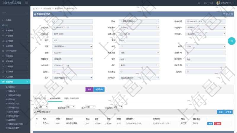 項目管理軟件財務管理模塊差旅申請明細查詢還可以關聯查詢更多相關資料,比如差旅報銷項目:人員、代碼、差旅項目、備注、金額、價格、數量、開始時間、結束時間、地點、到達地點。