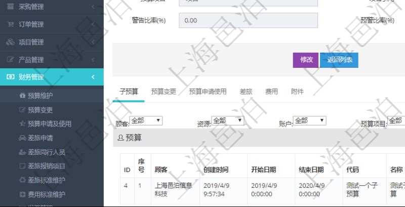 項目管理軟件財務管理模塊預算維護明細查詢還可以關聯查詢更多相關資料，比如子預算：子預算名稱、預算代碼、預算金額、貨幣單、開始日期、結束日期、描述、審批中預算、已用預算、是否完成、預算類型、父預算、序號、創建時間、賬戶、是否激活、預算項目、項目引用、警報比率、預警比率。