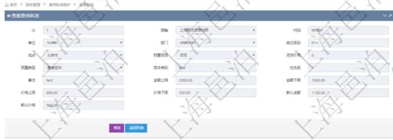 項目管理軟件財務管理系統費用標準查詢列表返回費用標準代碼、單位、部門、崗位級別、地點、預算項目、項目引用、預算類型、成本類別、優先級、備注、金額上限、金額下限、價格上限、價格下限、默認金額、默認價格。