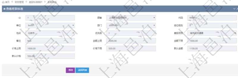 項目管理軟件財務管理系統差旅標準查詢列表返回差旅標準代碼、單位、部門、崗位級別、地點、優先級、差旅項目、備注、金額上限、金額下限、價格上限、價格下限、默認金額、默認價格。