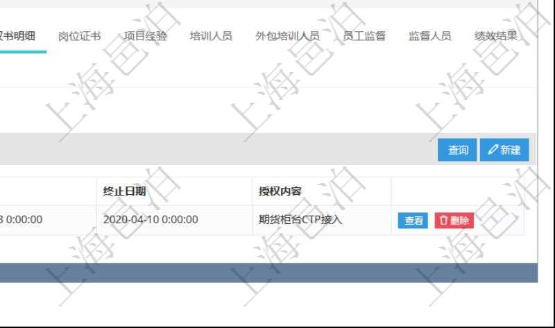 項目管理軟件人力資源管理模塊員工基本信息資料明細查詢還可以關聯查詢更多相關資料，比如授權書：授權書、人員、崗位、生效日期、終止日期及授權內容等。